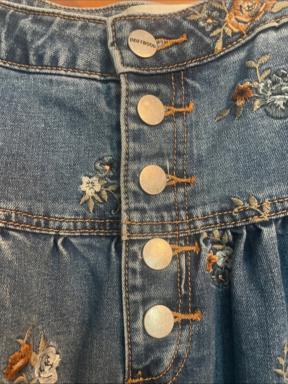 DRIFTWOOD Blue Embroidered Tiered Denim Maxi Skirt - Picture 2 of 10